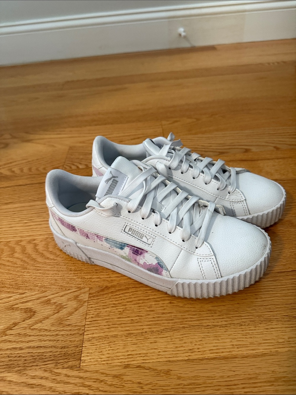 Puma Women's White Sneakers with Pastel Pink, Purple and Blue Accents
